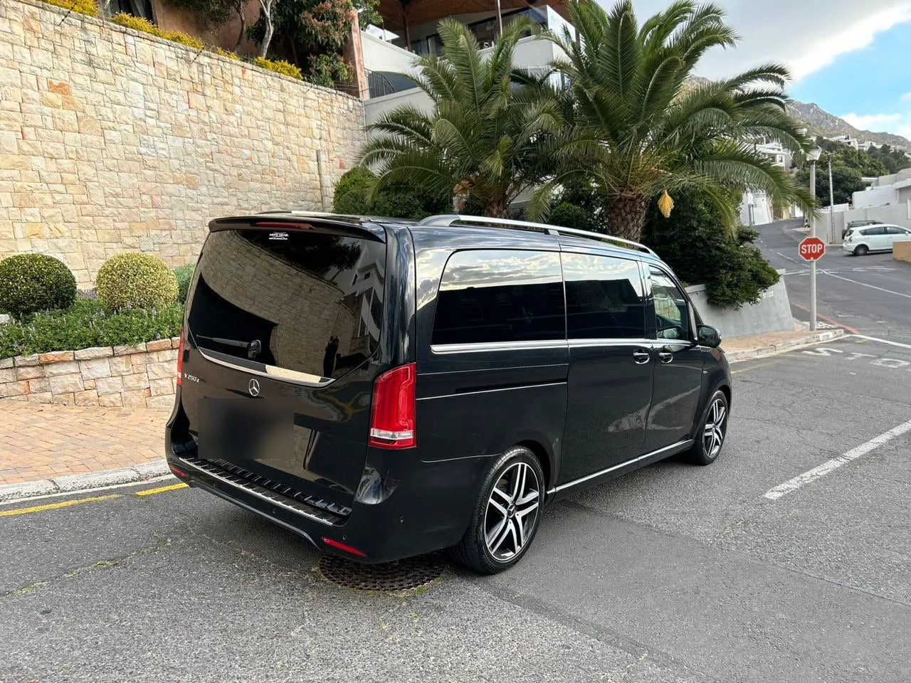 A black Mercedes-Benz V-Class parked under palm trees